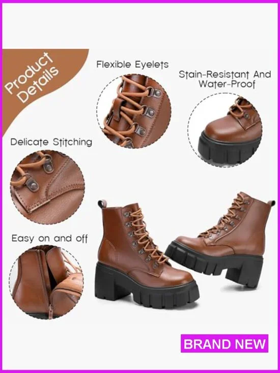 Combat Boots Chunky Platform Lace Up Side Zipper Ankle Booties Lightweight - Picture 4 of 7